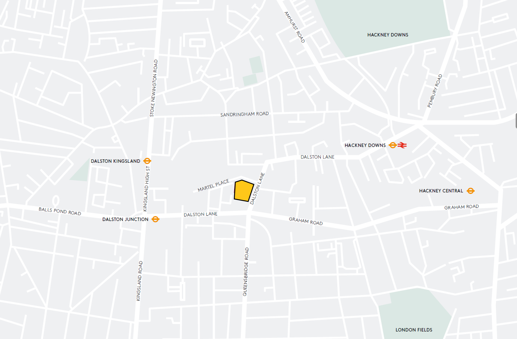 Illustrated map of Dalston showing Dalston Works on Martel Place and the nearby Dalston Junction, Dalston Kingsland and Hackney Downs stations